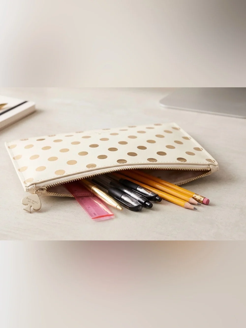 kate spade Cream and Gold Polka Dot Pencil Case
